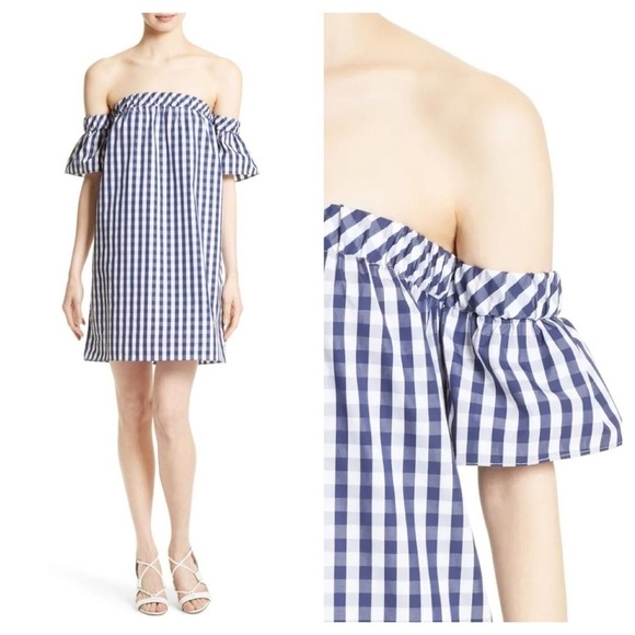 Milly / Gingham navy white Off the Shoulder Shift mini Dress Size M - Picture 1 of 8